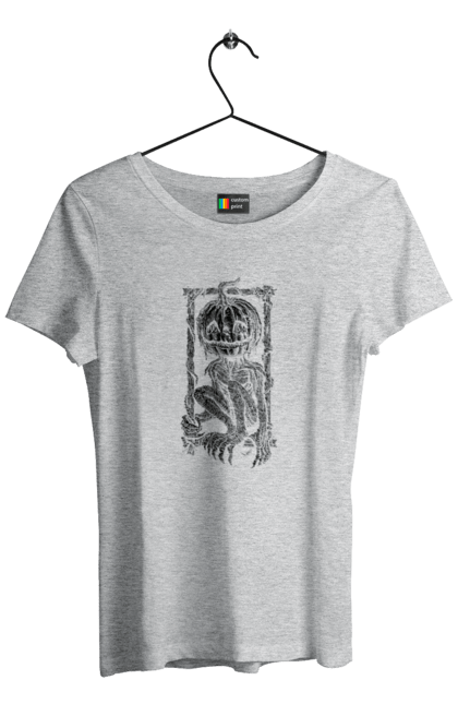 Women's t-shirt with prints Scarecrow. Autumn, claws, frame, halloween, horror, pumpkin, scarecrow, skeleton, smile. 2070702