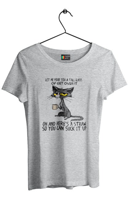 Women`s t-shirt with prints How to survive it?. Cat and mug, drink, everything is fine, go fuck yourself, large glass, meditation, pour, suck. 2070702