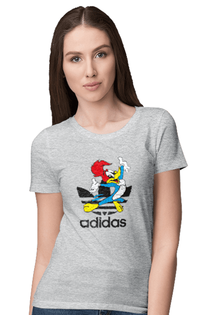 Футболка женская с принтом Adidas Вуди Вудпекер. Adidas, woody woodpecker, адидас, вуди, вуди вудпекер, дятел вуди, мультсериал. 2070702