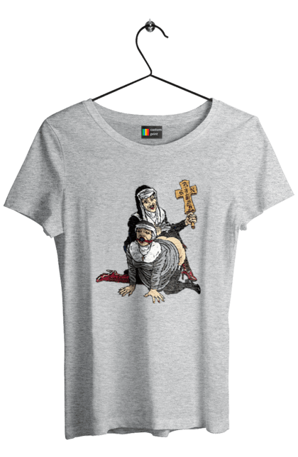 Футболка женская с принтом Монашки БДСМ. Бдсм, крутая, модная, молодежная, монашка, монашки бдсм, монашку, ролевые игры, шлепает по заднице. 2070702