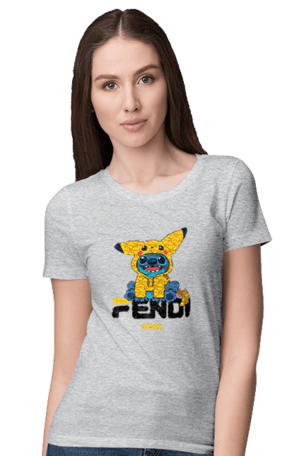 Футболка жіноча з принтом "Fendi Стіч". Fendi, stich, бренд, будинок моди, італія, люкс, мода, стіч, сумка, фенді. 2070702