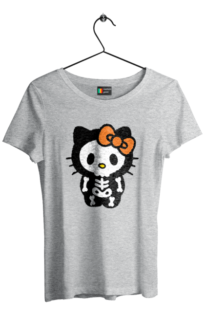 Футболка жіноча з принтом "Хелло Кітті Хелловін". Halloween, hello kitty, zombie, бренд, зомбі, кошеня, персонаж, скелет, хелло кітті, хелловін. 2070702