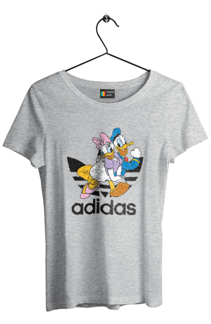 Футболка женская с принтом Adidas Дональд Дак. Adidas, daisy duck, donald duck, адидас, дейзи дак, дональд дак, мультсериал, мультфильм. 2070702