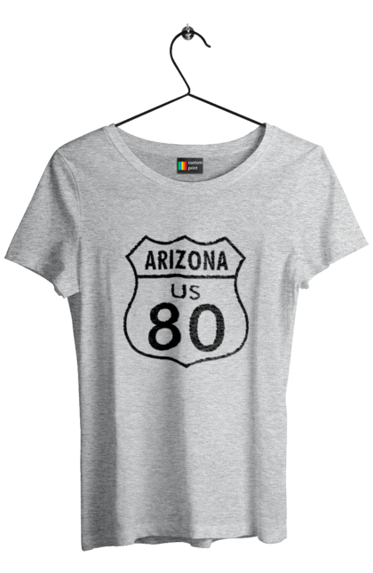 Women`s t-shirt with prints Route 80. Bike, biker, biker club, bikers club, brother, brutal, dude, hot asphalt, hot horse, hot rod, motorcycle, motorcyclist, real man, road 50, road 66, road 80, roads of america, roads of ukraine, roads we choose, speed, take, thirst for speed. 2070702