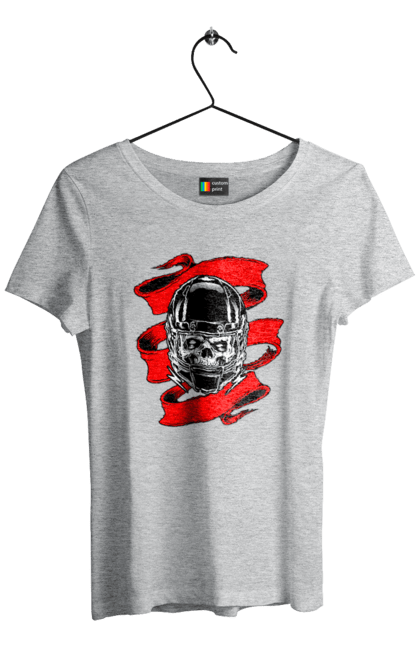 Women`s t-shirt with prints Skull in a motorcycle helmet. Helmet, moto, skull, tape. 2070702