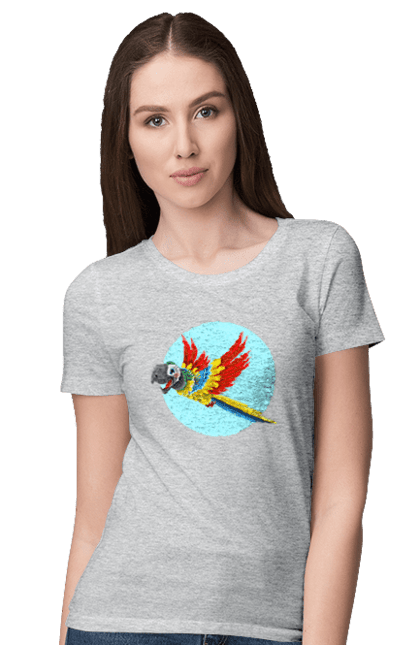 Women`s t-shirt with prints Parrot. Cockatoo, colored parrot, colorful parrot, flying parrot, parrot. 2070702