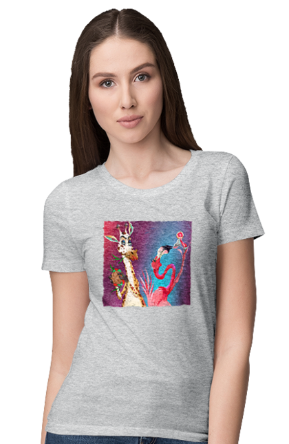 Women`s t-shirt with prints Giraffe And Flamingo At The Party. Cocktail, flamingo, food, giraffe. 2070702