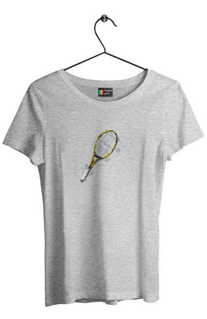 Women`s t-shirt with prints Tennis racket. Ball, ground tournament, players, prize fund, racket, soil, sponsor, tennis, tournament grid. 2070702