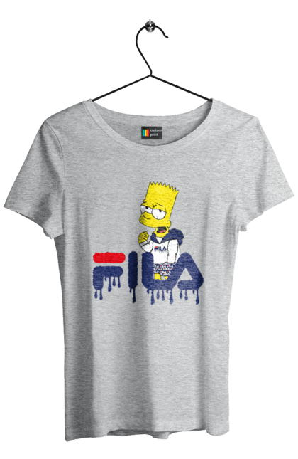 Футболка женская с принтом Барт FILA. Bart, simpsons, барт, мультфильм, симпсоны, спорт, спортивная одежда. 2070702