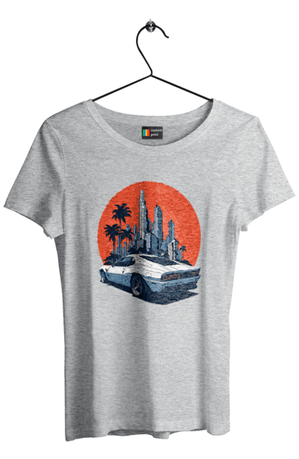 Women`s t-shirt with prints Car. Race, speed, sport car, sunset. 2070702