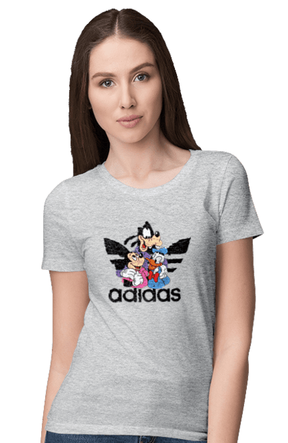 Футболка женская с принтом Adidas Микки Маус. Adidas, mickey mouse, адидас, дисней, микки, микки маус, мультфильм. 2070702