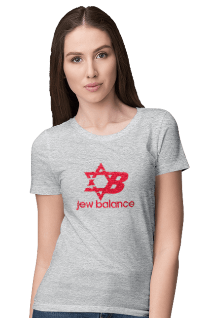 Футболка жіноча з принтом "Jew Balance Red". New balance, гумор, еврейські, жарти, жартівливі, літні, прикольні, червоний. 2070702
