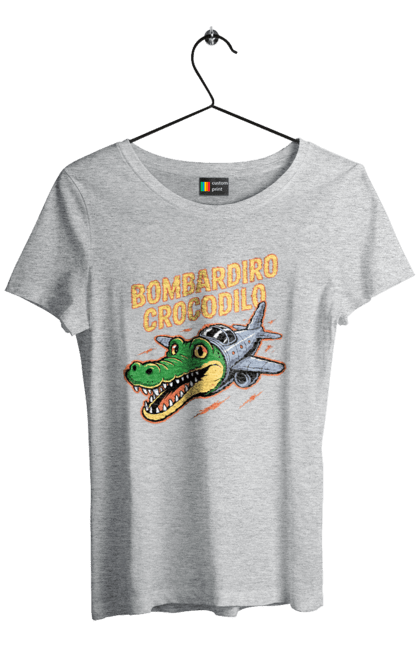 Футболка жіноча з принтом "Bombardino Crocodilo". Bombardino, bombardino crocodilo, crocodilo, бомбардиро крокодило, бомбардіно крокоділо, крокодил, крокодил літак, крокодил мем, мем бомбардине крокодило, меми. 2070702