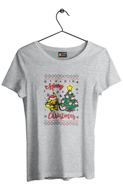 Women`s t-shirt with prints Pikachu Merry Christmas!. Anime, christmas, game, manga, merry christmas, nintendo, pikachu, pokemon. 2070702