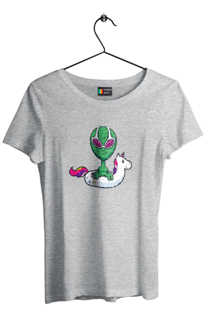 Women`s t-shirt with prints Alien Floats In A Circle. Alien, inflatable circle, to swim. 2070702