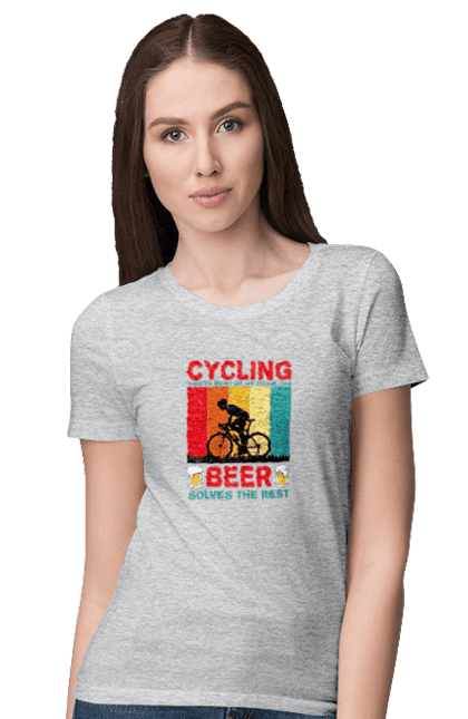 Футболка жіноча з принтом "Cycling Beer". Алкоголь, брутальні, велосипед, веселі, для спортсменів, літні, пиво, спорт, чоловічі. 2070702