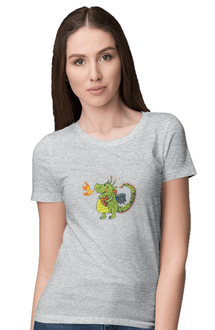 Women's t-shirt with prints Dragon in love. Dragon, fire, green dragon, heart, hearts, love, new year, symbol 2024. 2070702