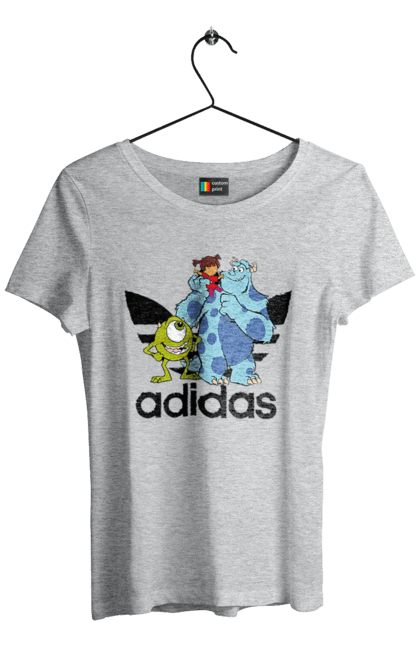 Футболка женская с принтом Adidas Корпорация монстров. Adidas, monsters inc, pixar, адидас, корпорация монстров, мультфильм. 2070702