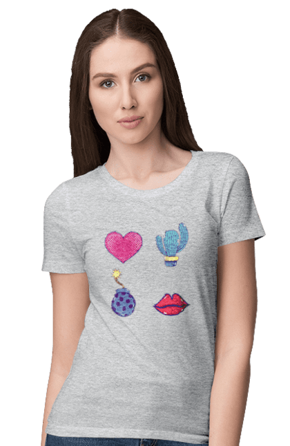Women`s t-shirt with prints Heart, Cactus, Bomb, Lips. Bomb, cactus, lips. 2070702
