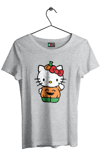 Футболка жіноча з принтом "Хелло Кітті Хелловін". Halloween, hello kitty, бренд, гарбуз, кошеня, персонаж, хелло кітті, хелловін. 2070702