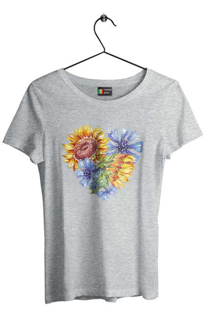 Футболка жіноча з принтом "Серце соняшники та фіалки". Квіти, люблю україну, любов, серце, соняшник, україна, фіалки. 2070702