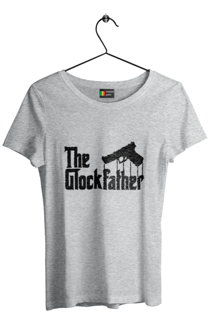 Футболка жіноча з принтом "The GlockFather". Gangster, glockfather, godfather, godfather reference, вогнепальна зброя, гангстер, глок, зброя, пістолет, пістолет. 2070702