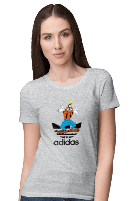 Футболка женская с принтом Adidas Гуфи. Adidas, goofy, адидас, гуфи, мультсериал, мультфильм, пес, собака. 2070702