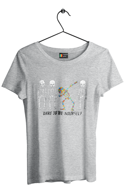 Women's t-shirt with prints Dare to be yourself. Be yourself, creativity, dancing skeleton, individuality, personality, self-expression, skeleton. 2070702