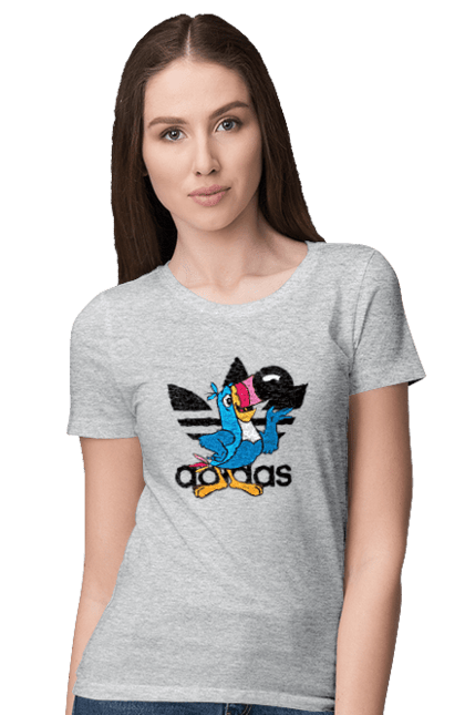 Футболка женская с принтом Adidas Тукан Сэм. Adidas, froot loops, toucan sam, адидас, москот, тукан сэм. 2070702