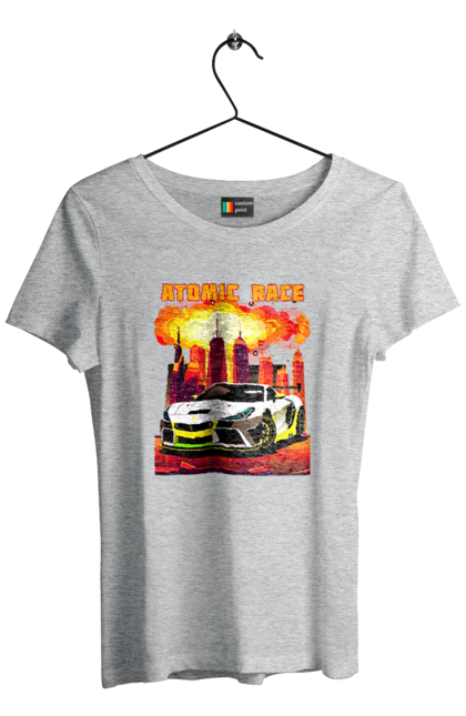 Women`s t-shirt with prints Atomic race. Atomic race, automobile, car, race, racing cars, sport car, sports car. 2070702