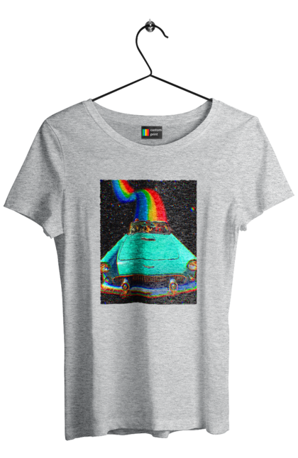 Футболка жіноча з принтом "Картина, машина у космосі". Веселка, картина, космос, машина, подорожі, поїздка, прикол, ретро. 2070702