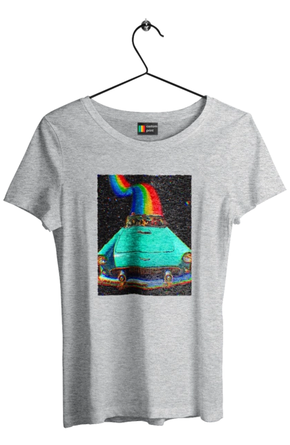 Футболка жіноча з принтом "Картина, машина у космосі". Веселка, картина, космос, машина, подорожі, поїздка, прикол, ретро. 2070702