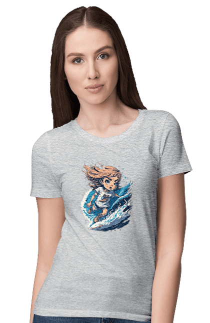 Футболка жіноча з принтом "Серфер на хвилі". Дівчина на серфінгу, літо, море, серфер, серфінг. CustomPrint.market