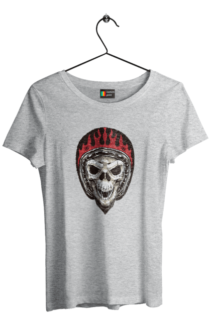 Women`s t-shirt with prints Skull in a motorcycle helmet. Helmet, moto, skeleton, skull. 2070702