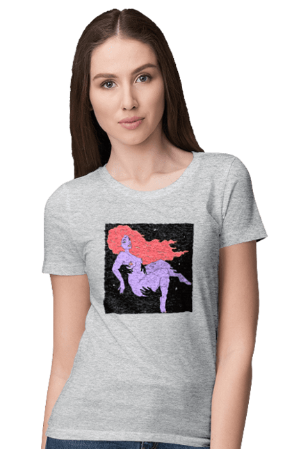 Футболка женская с принтом Фиолетовая Девушка В Черной Дыре. Девушка, лапают. 2070702