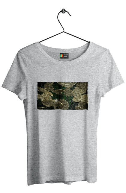 Футболка жіноча з принтом "Біткойн". Багатство, біткойн, валюта, гроші, криптовалюта, курс, майнінг, матриця, монета, розкіш, цифровий світ. 2070702