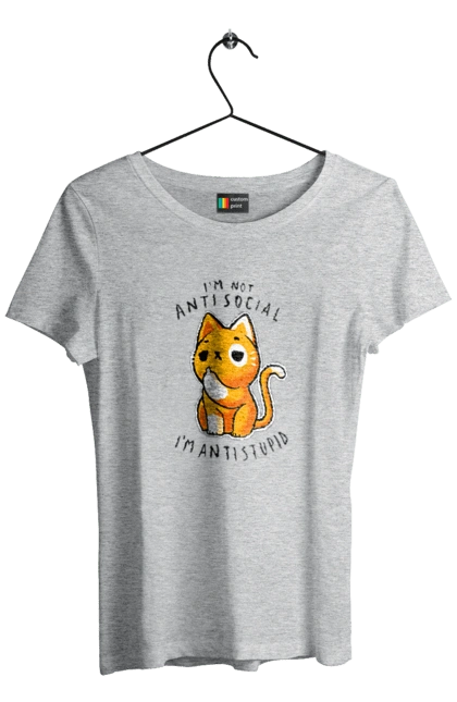 Футболка жіноча з принтом "Не антисоціальний, а антидурний". Антидурний, антисоціал, гумор, іронія, кіт, мем, прикол, сарказм, хейт, цинізм. 2070702