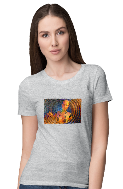 Футболка жіноча з принтом "Штучний інтелект". Айті, айтішник, гик, жінка, знання, інженер, інтелект, кібер, кібернетика, кіборг, код, комп, комп`ютерник, кристал, машинне навчання, мікросхема, мозок, портрет, програміст, професіонал, професія, розробник, розум, хакер, чіп, штучний інтелект, штучний розум. 2070702