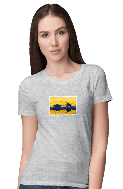 Women`s t-shirt with prints New brand, tractor pulling tank. Brand, good evening, no war, tractor troops, ukraine stamp, ukrposhta, ukrposhta stamp. 2070702
