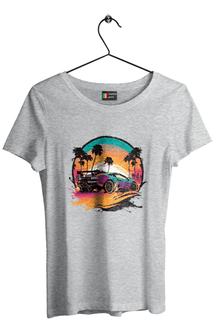 Футболка жіноча з принтом "Ламборджині Сінтвейв". Авто, автомобіль, ламба, ламборджині, машини, сінтвейв. 2070702