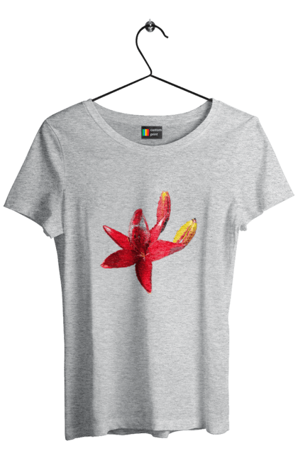 Women`s t-shirt with prints Red lily. Bright, bud, buds, color, flower, lily, nature, red, red flower, red lily, sunny. 2070702