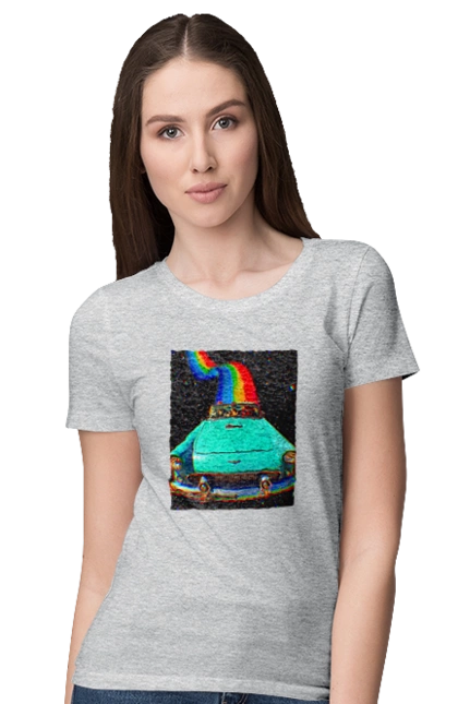 Футболка жіноча з принтом "Картина, машина у космосі". Веселка, картина, космос, машина, подорожі, поїздка, прикол, ретро. 2070702