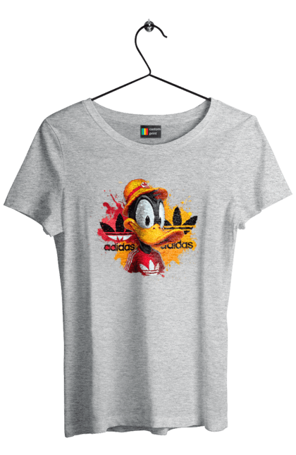 Футболка женская с принтом Даффи Дак Adidas. Adidas, daffy duck, looney tunes, merrie melodies, warner brothers, даффи дак, мультфильм, персонаж, утка даффи. 2070702