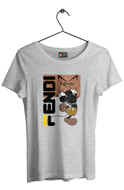 Футболка жіноча з принтом "Fendi Міккі Маус". Fendi, mickey mouse, бренд, будинок моди, італія, люкс, міккі маус, мода, сумка, фенді. 2070702