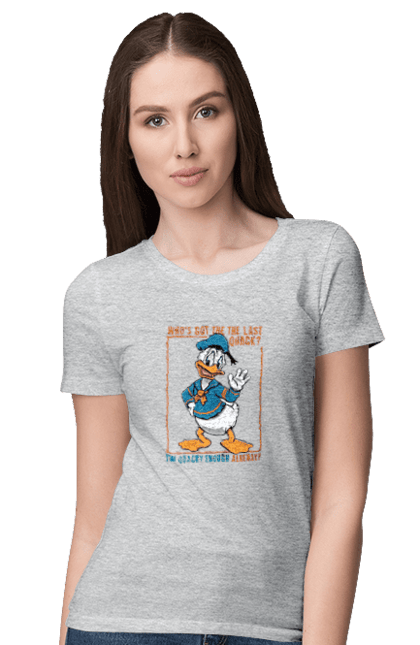 Футболка женская с принтом Дональд Дак. Disney, donald duck, дисней, дональд дак, мультсериал, мультфильм. 2070702