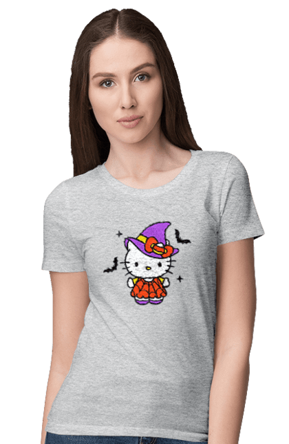 Women's t-shirt with prints Hello Kitty Halloween. Brand, cat, character, halloween, hello kitty, kitten, kitty, witch. 2070702