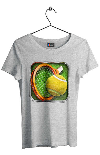 Women`s t-shirt with prints Tennis. Ball, ground tournament, london, players, prize fund, racket, sponsor, tennis, tournament grid. 2070702