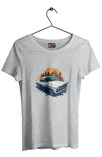 Women`s t-shirt with prints Vintage car image. Car, city, vintage image. 2070702