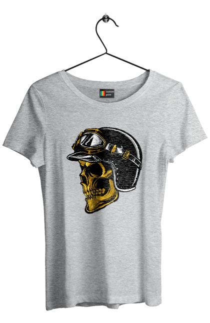 Футболка женская с принтом Череп в мотошлеме. Крутой, очи, череп, шлем. 2070702