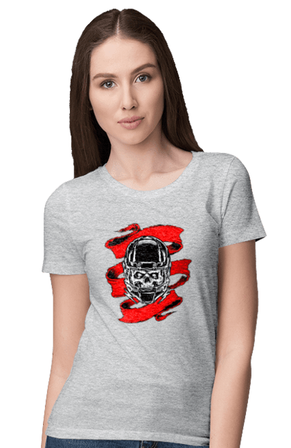 Women`s t-shirt with prints Skull in a motorcycle helmet. Helmet, moto, skull, tape. 2070702